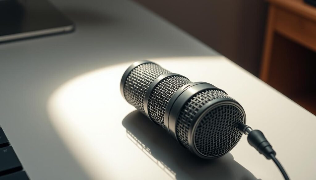 A professional-grade studio microphone resting on a sleek, modern desk, casting a soft, directional light across its surface. The microphone's sturdy metal body and intricate mesh grille hint at its high-quality audio capture capabilities, making it an ideal choice for musicians, journalists, and frequent voice recorders alike. The desk's minimalist design in soothing tones complements the microphone, creating a harmonious, productivity-inspiring workspace. Subtle hints of warm wood accents and a clean, uncluttered aesthetic convey a sense of thoughtful, functional design.