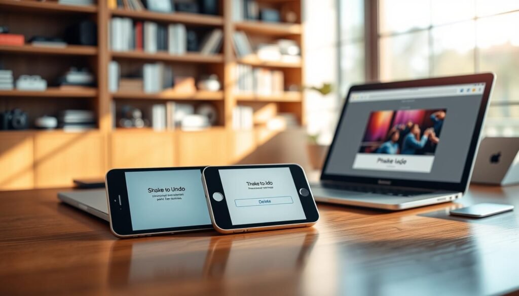 A sleek modern workspace featuring various iOS devices such as an iPhone, iPad, and MacBook arranged neatly on a polished wooden desk. The iPhone displays the Shake-to-Undo feature prominently on its screen, while the iPad shows a photo editing app with a "delete" confirmation message. Soft, natural light streams through a large window, creating a warm and inviting atmosphere. In the background, a blurred bookshelf filled with tech books and gadgets sets a knowledgeable tone. A gentle bokeh effect enhances the focus on the devices, emphasizing their compatibility and functionality. This image captures the essence of modern technology integration, inviting the viewer to explore the iOS experience further.