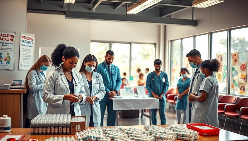 A vibrant and informative scene depicting the preparation for measles-rubella vaccination. In the foreground, a diverse group of healthcare professionals in professional attire, including lab coats and scrubs, is engaged in organizing vaccination supplies, such as vials and syringes. In the middle ground, the setting features a well-lit vaccination clinic with posters promoting immunization on the walls and a table set up with educational materials about MR vaccine benefits. The background shows a warm, welcoming waiting area with colorful children's artwork. Natural light streams in through large windows, creating a positive and hopeful atmosphere. The composition highlights teamwork and community health focus, with an emphasis on safety and professionalism.