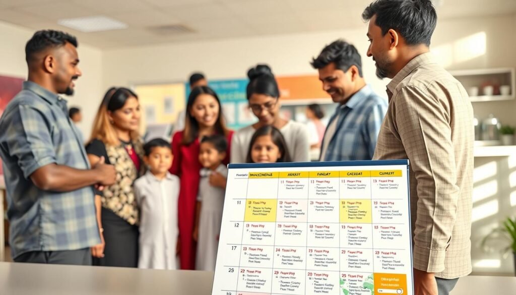 A visually engaging scene depicting a colorful vaccination schedule chart for Measles, Rubella (MR). In the foreground, a neatly designed calendar layout with vibrant graphics, illustrating important dates for MR vaccination. In the middle, diverse families of various ethnicities gather around, some with children in professional or modest casual attire, discussing the schedule intently. The background features a community health center with friendly staff, busy with activities related to public health awareness. Soft, natural lighting creates a warm and inviting atmosphere, emphasizing a sense of community and care. The overall mood is hopeful and informative, reflecting the importance of vaccination in public health. The angle captures both the chart and the families engaged in conversation, fostering a sense of inclusivity and support.
