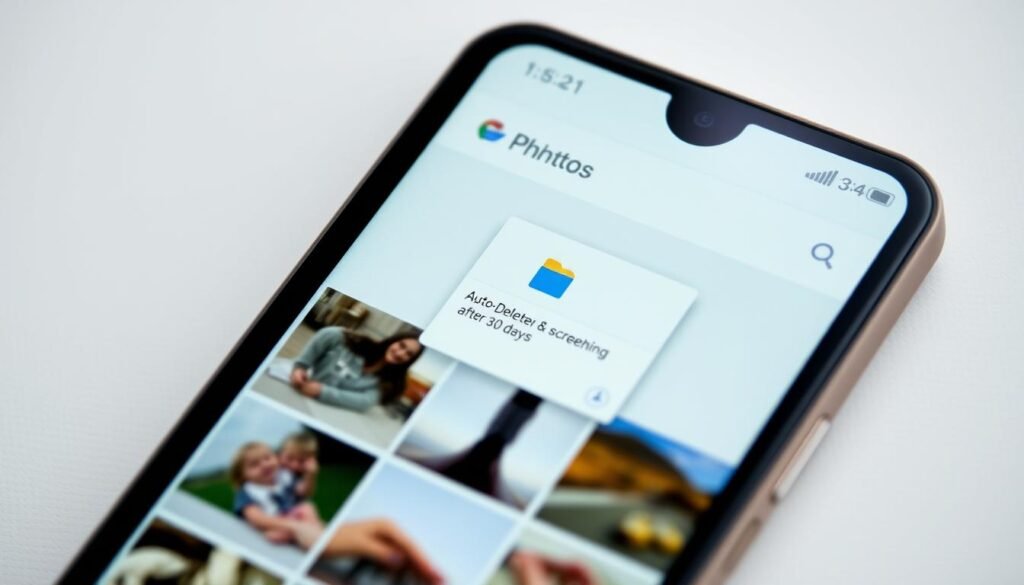 A well-lit, high-quality close-up photograph of a mobile phone screen displaying the Google Photos app interface. The screen shows a grid of thumbnail images of various photographs, with the center of the frame focusing on a single thumbnail representing a screenshot. The screenshot depicts a file management interface with a prominent "Auto-Delete" option, conveying the concept of automatic deletion of screenshots after 30 days. The overall scene has a clean, minimal aesthetic, with a soft, natural lighting setting that enhances the details and colors of the mobile device's screen. A well-lit, high-quality close-up photograph of a mobile phone screen displaying the Google Photos app interface. The screen shows a grid of thumbnail images of various photographs, with the center of the frame focusing on a single thumbnail representing a screenshot. The screenshot depicts a file management interface with a prominent "Auto-Delete" option, conveying the concept of automatic deletion of screenshots after 30 days. The overall scene has a clean, minimal aesthetic, with a soft, natural lighting setting that enhances the details and colors of the mobile device's screen.