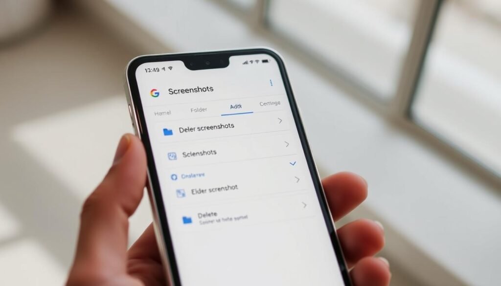 Detailed screenshots of a mobile device's Files by Google app interface, showcasing the clean and organized folder structure. Bright, well-lit closeup views of the app's main screen, with a focus on the "Screenshots" folder and the options to manage and delete older screenshot files. The scene has a sleek, minimalist aesthetic, with a sense of simplicity and efficiency conveyed through the user interface design. The lighting is natural and diffused, creating a soft, inviting atmosphere. The camera angle emphasizes the interactivity and intuitive navigation of the app, drawing the viewer's attention to the key features and functionality. Detailed screenshots of a mobile device's Files by Google app interface, showcasing the clean and organized folder structure. Bright, well-lit closeup views of the app's main screen, with a focus on the "Screenshots" folder and the options to manage and delete older screenshot files. The scene has a sleek, minimalist aesthetic, with a sense of simplicity and efficiency conveyed through the user interface design. The lighting is natural and diffused, creating a soft, inviting atmosphere. The camera angle emphasizes the interactivity and intuitive navigation of the app, drawing the viewer's attention to the key features and functionality.