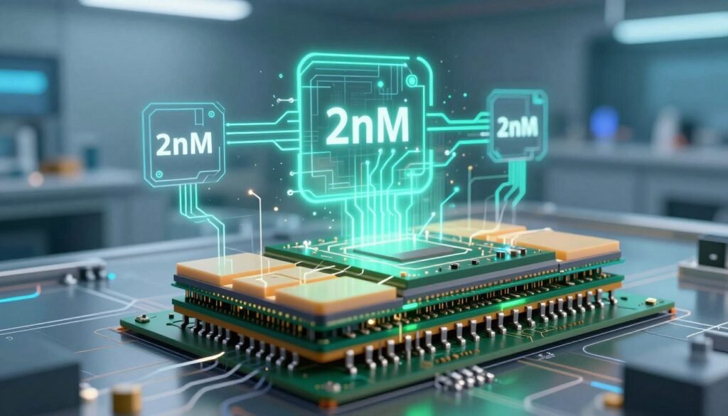 A close-up illustration of a Gate-All-Around (GAA) transistor chip, showcasing the intricate architecture in a futuristic semiconductor design. The foreground features a detailed view of the transistor structure, emphasizing the nanoscale layers and connections. In the middle ground, a schematic representation of the 2nm technology processes, with glowing circuits and dynamic light effects, to portray innovation and advancement. The background displays a stylized, high-tech environment resembling a cleanroom, with subtle blue and green lighting that conveys a sense of precision and sophistication. The overall mood is one of cutting-edge technology and futuristic capabilities, focusing on the advancements in chip design. The image has a professional and polished look, suitable for a high-tech article.