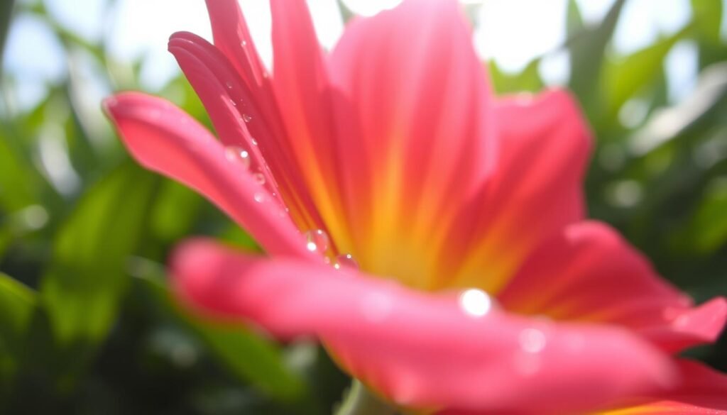 A close-up macro photograph taken with a smartphone, showcasing intricate details of a vibrant flower with dew drops on its petals. In the foreground, the sharp focus highlights the texture and color gradients of the petals, while the middle section softly blurs into a lush green background of leaves, creating a natural bokeh effect. The lighting is soft and diffused, simulating early morning sunlight that enhances the vivid colors and adds a warm glow to the scene. The angle is slightly tilted to convey depth, emphasizing the contrasts between the foreground and background. The overall mood of the image is serene and captivating, inviting viewers to appreciate the beauty of nature through smartphone photography.