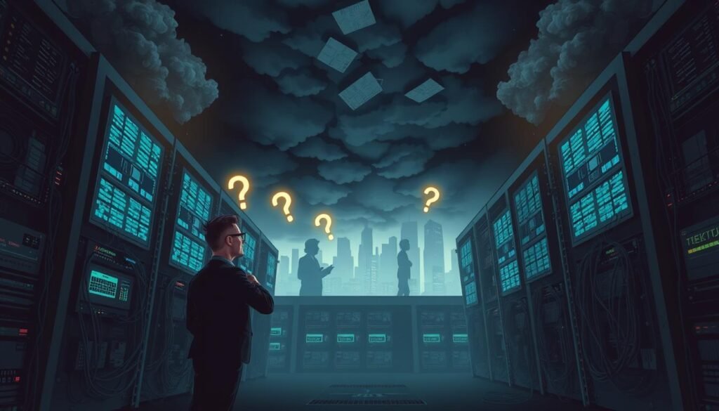 A dark, moody illustration depicting the consequences of misconceptions about supercomputers. In the foreground, a confused business professional in smart attire, looking bewildered while staring at a massive, complex supercomputer surrounded by wires and screens displaying erratic data. The middle layer features shadowy figures whispering, symbolizing misleading information, with glowing question marks floating around them. The background includes a faint digital city skyline with stormy clouds overhead, casting an ominous atmosphere. The lighting is dramatic, focusing on the supercomputer while leaving the figures in shadow, creating a sense of intrigue and tension. A wide-angle view enhances the overwhelming scale of the supercomputer, inviting curiosity about its true capabilities.