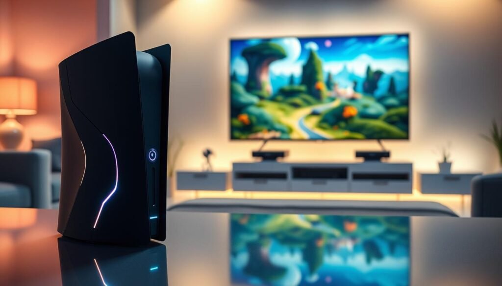 A detailed depiction of a gaming console resembling the "Immortals of Aveum" design, featuring sleek, high-tech aesthetics with glowing accents and dynamic shapes. In the foreground, the console is positioned prominently on a polished surface, casting subtle reflections. The middle ground showcases an immersive gaming setup, including an advanced television screen displaying vibrant fantasy landscapes from the game, with rich colors and intricate graphics. The background reveals a softly illuminated gaming room, ambient lighting creating a cozy yet electrifying atmosphere. The scene is captured from a slightly elevated angle, emphasizing the console's design while showcasing the game’s stunning visuals, creating a sense of excitement and innovation surrounding frame generation technology in gaming.