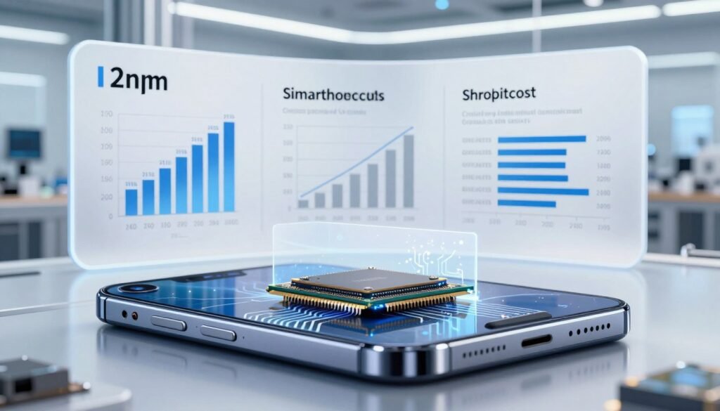 A detailed infographic illustrating the production costs of a 2nm smartphone chip, prominently featuring the latest technology elements like circuit patterns and semiconductor wafers. In the foreground, a sleek, modern smartphone rests on a reflective surface, with a partially transparent view showing the chip inside. The middle ground includes charts and graphs displaying production cost breakdowns, highlighting the impact of advanced manufacturing processes. In the background, a futuristic manufacturing facility looms, with bright, ambient lighting that emphasizes cleanliness and precision. The atmosphere is professional and technical, showcasing innovation and the economic implications of chip production in a serene, well-organized environment. The image is captured from a slight angle to enhance depth and focus on the smartphone and charts, creating an engaging visual narrative.