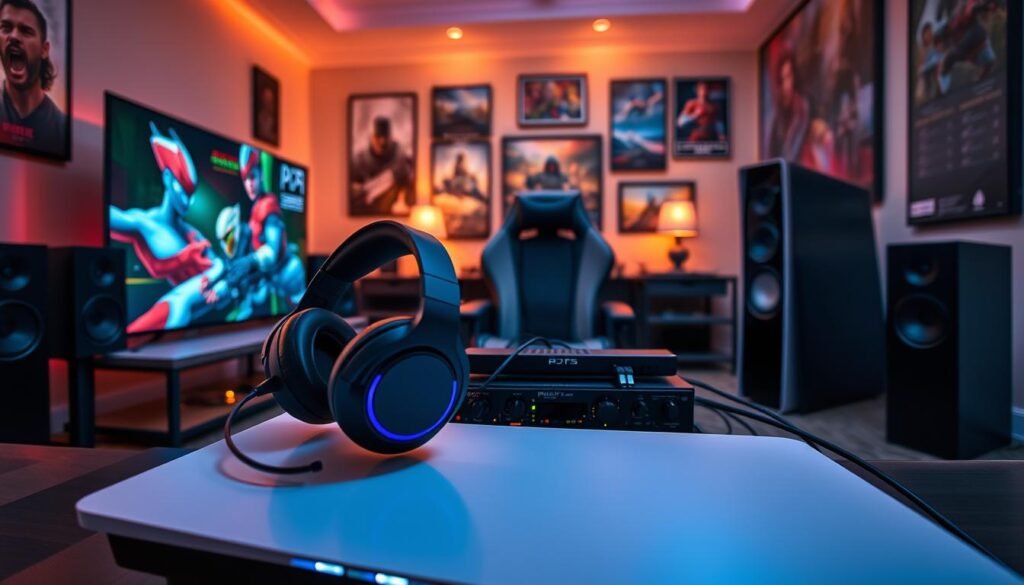 A detailed setup of audio for a PS5, featuring a modern gaming room with a sleek TV displaying vibrant graphics, high-quality headphones resting on a stylish gaming chair, and Dolby Atmos surround sound speakers artfully positioned around the room. The foreground showcases the PS5 console with glowing lights, while the middle features an audio interface with cables neatly organized. The background highlights a cozy, dimly lit environment, enhancing the cinematic feel, with posters of popular games on the walls. Soft ambient lighting creates a warm, inviting atmosphere. The scene is captured from a slightly angled perspective, emphasizing the intricate details of the setup while radiating a sense of excitement and immersion in gaming.