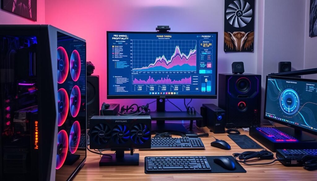 A detailed workspace showcasing hybrid mining-gaming profitability analysis. In the foreground, a sleek, modern gaming PC with four powerful GPUs prominently displayed, illuminated by soft RGB lighting. On the middle ground, a high-resolution monitor shows an intricate graph of profitability metrics and mining statistics, with visually appealing visualizations and indicators. In the background, an organized desk features mining accessories, cables, and gaming peripherals, all neatly arranged. The atmosphere is professional yet energetic, merging the worlds of gaming and cryptocurrency mining. Lighting is bright and focused, highlighting the key elements while casting subtle shadows. The composition is shot from a slightly elevated angle to provide a comprehensive view, emphasizing both the technical nature and aesthetic appeal of the scene.