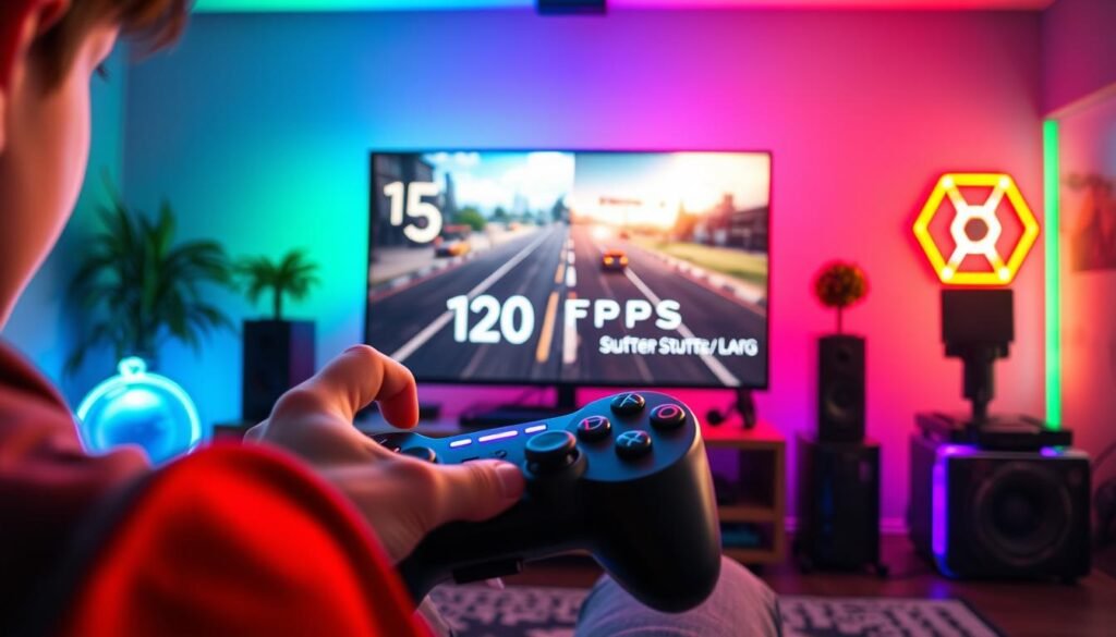 A dynamic gaming environment showcasing the impact of frame generation on gameplay. In the foreground, a close-up of a character intensely focused on their console, with a vibrant gaming controller in hand, set against a backdrop of brightly lit game visuals. The middle ground features a high-definition television displaying a split screen: on the left, a smooth, fluid gameplay at 120 FPS, and on the right, a lower frame rate version showing stutters and lag. In the background, an immersive gaming setup with colorful LED lights and gaming paraphernalia. Utilize soft lighting to create an engaging atmosphere, capturing the excitement and intensity of the gaming experience. The angle should be slightly tilted to convey motion, emphasizing the difference in visual quality.