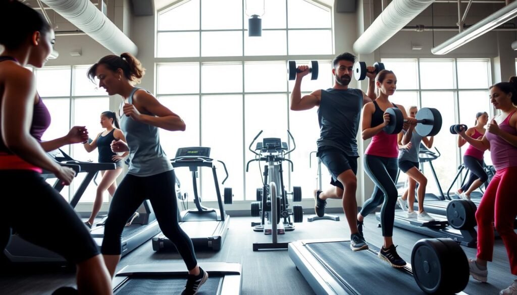 A dynamic gym scene blending cardio and weightlifting workouts. In the foreground, a diverse group of individuals in professional athletic attire is energetically engaged in activities: one person doing high-intensity cardio on a treadmill, while another completes a set of bicep curls with weights. The middle ground features exercise machines and free weights, all positioned to showcase the harmony between cardio and strength training. The background includes large windows letting in bright, natural light, creating an uplifting atmosphere. The perspective is slightly from above, capturing the energy of the environment. The overall mood is motivating and empowering, highlighting the synergy of cardio and weight training in fitness.