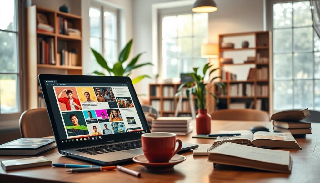 A dynamic study scene featuring a student working on a laptop 2-in-1 and a tablet, showcasing their functionality for academic tasks. In the foreground, the laptop is open, displaying vibrant educational content, while the tablet rests nearby with digital notes visible. The middle ground features a cluttered desk with stationery, textbooks, and coffee, symbolizing productivity. In the background, a well-lit study area with shelves of books, a green potted plant, and large windows allowing soft natural light to flood in creates an inviting atmosphere. Use a slightly elevated angle to capture the entire setup, contributing to a focused and industrious mood. The overall lighting should be warm and cozy, emphasizing a productive learning environment without any text or branding.