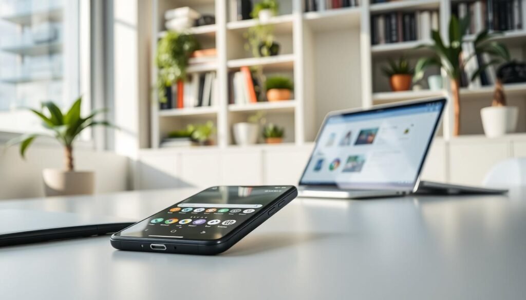 A modern digital workspace featuring a Google Pixel smartphone prominently displayed on a sleek desk. In the foreground, focus on the phone interface showcasing a few of the 22 built-in applications like Google Assistant, Photos, and Drive, arranged aesthetically. The middle layer includes a vibrant, open laptop on the desk, displaying relevant data or application statistics on its screen. In the background, a sophisticated bookshelf filled with tech-related books and plants gives a polished look. Soft, natural lighting bathes the scene, highlighting the smartphone and creating a warm, inviting atmosphere. The angle should capture both the phone and laptop, emphasizing a tech-savvy environment. The overall mood is professional and insightful, suitable for a tech analysis article.