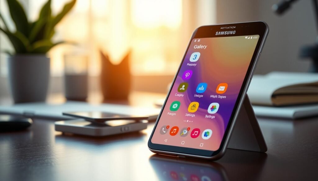 A modern smartphone user interface featuring the essential core applications, prominently displaying icons for Samsung's pre-installed apps. In the foreground, a sleek smartphone with an elegant design shows its vibrant screen, filled with colorful app icons such as Gallery, Messages, and Settings, arranged in an organized manner. The background features a professionally styled workspace with soft, natural lighting illuminating the scene, creating a warm and inviting atmosphere. The angle is slightly tilted for a dynamic perspective, showcasing the device's thin profile and sleek edges, highlighting the contrast between the applications and the workspace. The overall mood is one of productivity and innovation, emphasizing the integration of technology in everyday life.