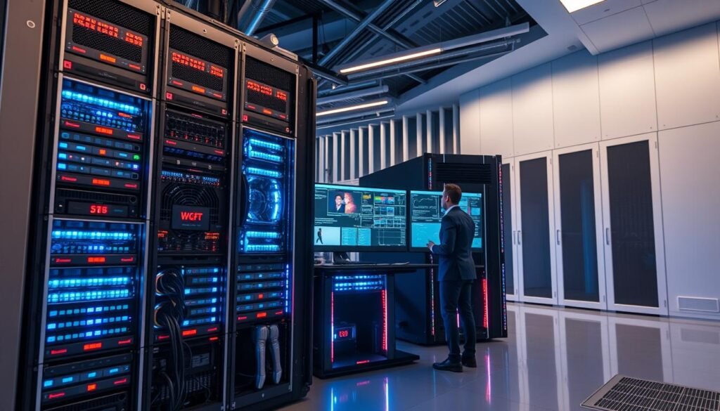 A modern supercomputer setup in a sleek, futuristic data center. In the foreground, an impressive array of interconnected supercomputing units with vibrant LED lights, showcasing advanced technology and interactivity. In the middle ground, engineers in professional business attire enthusiastically monitoring multiple screens, displaying complex data visualizations and performance metrics. The background features tall, clean rows of equipment, emphasizing the space's organization and efficiency. Soft, ambient lighting casts a cool blue hue across the scene, creating a high-tech atmosphere. The camera angle is slightly elevated, capturing a comprehensive view of the supercomputer's intricate design and the collaborative work environment, highlighting the misconception that larger size equals superior power.