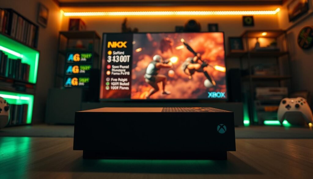 A sleek Xbox Series X gaming console sits prominently in the foreground, illuminated by soft, ambient lighting that highlights its modern design and matte finish. Surrounding the console is a high-tech, glowing interface representing the hidden menu, with vibrant icons depicting various FPS boost options. In the middle ground, a dynamic gaming setup is visible, featuring a sharp 4K display showcasing an intense action game scene, reflecting enhanced frame rates and fluid movement. The background features subtle hints of a cozy gaming room, including shelves lined with popular game titles and ambient LED lighting casting a warm glow. The overall atmosphere is one of excitement and discovery, emphasizing the potential to unlock hidden gaming capabilities. The camera angle provides a slight low perspective, enhancing the grandeur of the Xbox and its modern gaming environment.