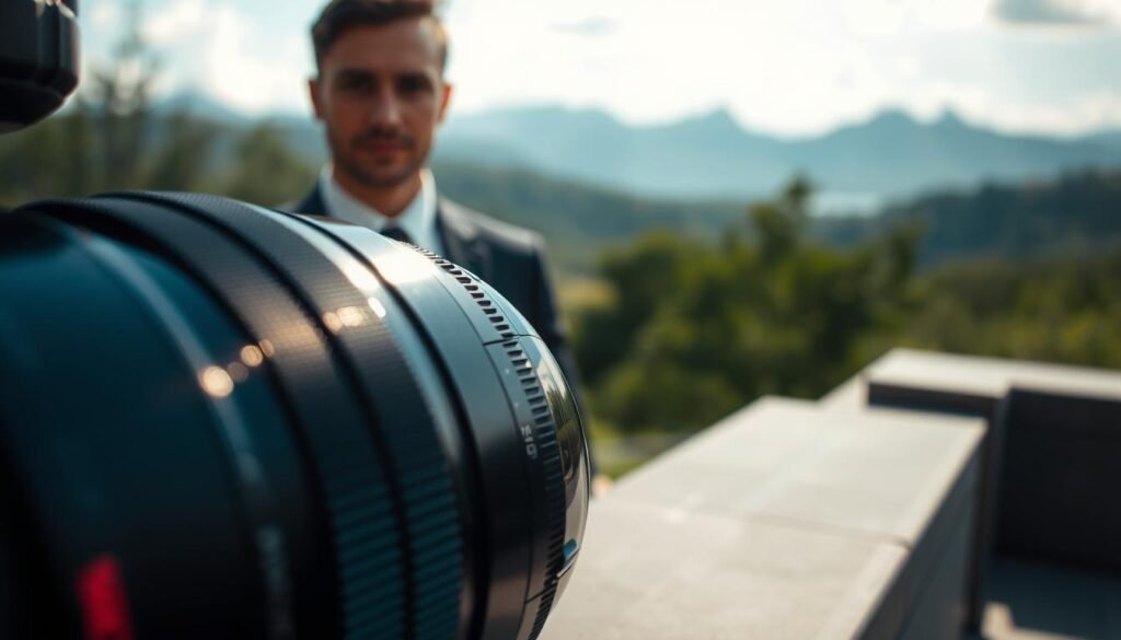 A sleek and sophisticated photo of a professional camera lens specifically designed for telephoto and periscope photography. In the foreground, the lens glistens with reflections of light, showcasing its intricate details and high-tech features. The middle ground reveals a blurred, close-up portrait of a model dressed in smart professional attire, subtly highlighting the distinction between telephoto and periscope photography. In the background, a softly faded outdoor scene captures the essence of photography, with lush greenery and distant mountains, creating a serene atmosphere. Natural sunlight bathes the scene, casting gentle shadows and adding depth and dimension to the image, while maintaining a sharp focus on the lens and the subject. Aim for a balanced composition that illustrates the beauty and complexity of telephoto photography.