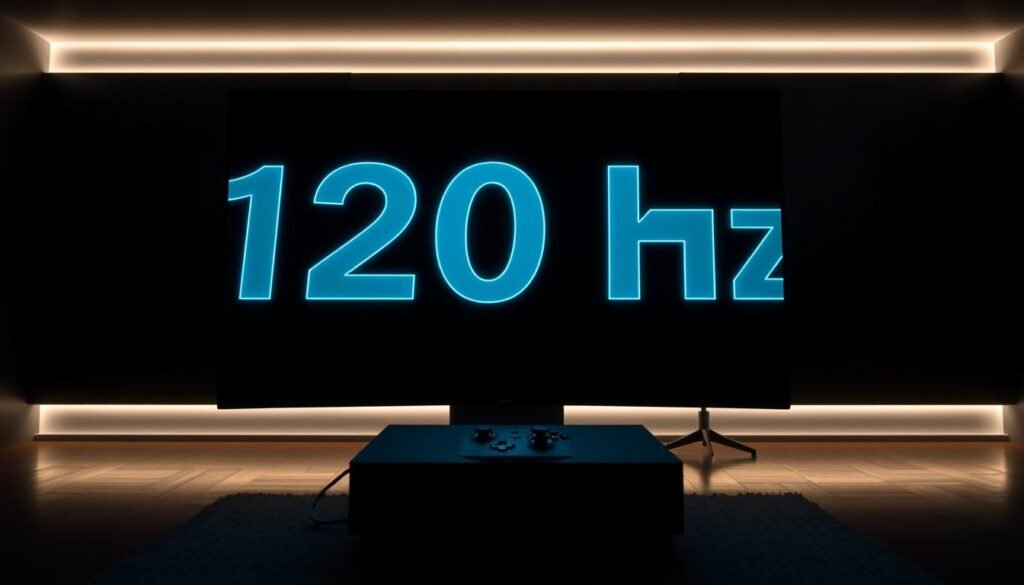 A sleek, modern gaming screen displaying the words "120 Hz" in bold, illuminated font, set against a dark, minimalist room. The foreground features the screen positioned centrally, with a subtle glow emanating from the edges, emphasizing its vibrant display. In the middle, a high-end Xbox Series X console is partially visible, accentuated by soft ambient lighting that highlights its angular design. The background includes a stylish gaming chair and a faint silhouette of a game controller, creating an immersive gaming atmosphere. The overall mood is energetic and focused, evoking the excitement of high-speed gaming experiences. The image should be shot from a slight angle to capture the details of the screen and console while maintaining a professional aesthetic.