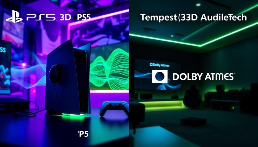 A split-screen image showcasing the comparison of PS5 audio technologies: on the left, a detailed depiction of a gaming setup emphasizing "Audio 3D PS5" with an immersive, vibrant atmosphere. Include a PS5 console, headphones, and sound visualization graphics illustrating 3D audio waves, illuminated by dynamic green and blue lighting. On the right, illustrate "Tempest 3D AudioTech" with a modern gaming room featuring a sleek design, Dolby Atmos logo, and subtle hints of advanced audio equipment. The background should have a dimly lit gaming environment, enhancing the cinematic feel. Use a shallow depth of field to focus on audio devices and sound waves, creating a contrast between the two technologies. Ensure the overall mood is energetic yet sophisticated, reflecting the excitement of next-gen gaming audio experiences while maintaining a professional aesthetic.