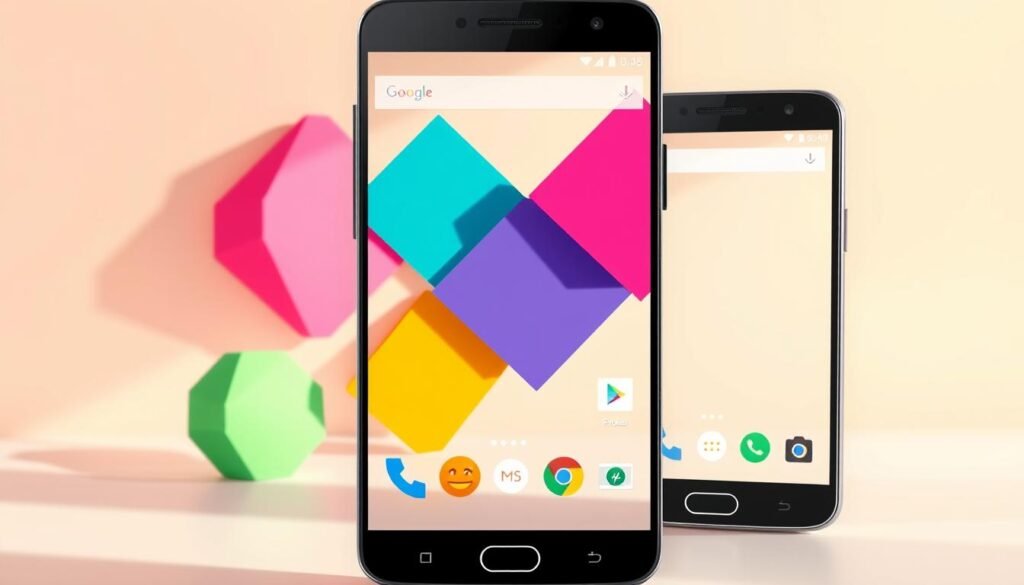 A vibrant and dynamic illustration of Material Design from Android Lollipop, showcasing the clean, geometric shapes and bold colors that characterize the interface. In the foreground, visualize a sleek smartphone displaying the Lollipop UI, featuring rounded buttons and layered visuals, with animations hinting at fluid transitions. The middle ground contains colorful, abstract geometric shapes that evoke the playful yet sophisticated design language of Material Design, like paper cutouts casting soft shadows on the screen. The background is a subtle gradient of soft pastels, suggesting a modern and inviting atmosphere with warm natural lighting. Capture a sense of innovation and excitement, embodying the essence of Android's visual transformation during the Lollipop era, in a well-composed and harmonious scene.