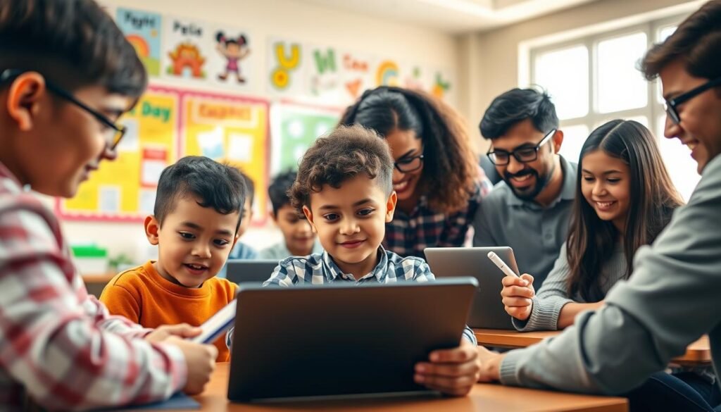 A vibrant classroom scene illustrating the varying educational needs of students at different educational levels. In the foreground, a diverse group of students, including a young child with a tablet, a high school student with a laptop 2-in-1, and a university student with a digital pen, all engaged in collaborative learning. In the middle ground, a teacher assists them, showcasing a modern classroom filled with educational tools and resources. The background features colorful educational posters and windows allowing natural light to stream in, creating a warm, inviting atmosphere. The image is captured at eye level with soft focus on the students, highlighting their engagement. The mood is energetic and inspirational, emphasizing the importance of tailored educational tools.