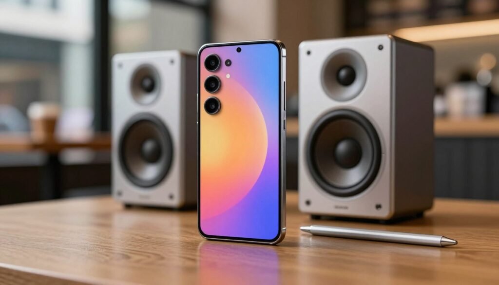 A modern flagship smartphone, the Samsung Galaxy S25 Ultra, prominently displayed in the foreground, showcasing its sleek design and vibrant screen. Next to it, high-end stereo speakers emphasize the audio capabilities, elegantly styled with metallic finishes. The background features a subtle, blurred urban setting, hinting at a lively atmosphere, perhaps a coffee shop or a contemporary living room. Soft, warm lighting casts gentle reflections on the phone's surface, accentuating its premium materials. A close-up perspective captures the phone’s intricate camera setup and S-Pen, reflecting a sense of innovation and sophistication. The overall mood is dynamic yet refined, suggesting a blend of technology and lifestyle that appeals to audio enthusiasts and smartphone users alike. A modern flagship smartphone, the Samsung Galaxy S25 Ultra, prominently displayed in the foreground, showcasing its sleek design and vibrant screen. Next to it, high-end stereo speakers emphasize the audio capabilities, elegantly styled with metallic finishes. The background features a subtle, blurred urban setting, hinting at a lively atmosphere, perhaps a coffee shop or a contemporary living room. Soft, warm lighting casts gentle reflections on the phone's surface, accentuating its premium materials. A close-up perspective captures the phone’s intricate camera setup and S-Pen, reflecting a sense of innovation and sophistication. The overall mood is dynamic yet refined, suggesting a blend of technology and lifestyle that appeals to audio enthusiasts and smartphone users alike.