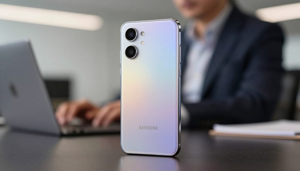 A sleek Samsung Galaxy smartphone is showcased in the foreground, highlighting its modern design and premium build quality. The device features a glass back with a subtle gradient finish, metallic accents, and finely crafted edges, reflecting light beautifully. In the middle ground, a blurred contrast of a professional setting with soft-focus office elements adds to the ambiance, suggesting a tech-savvy environment. The background features a bokeh effect created by soft lighting, enhancing the luxurious feel. The scene is captured with a shallow depth of field, emphasizing the smartphone while creating an elegant atmosphere. The overall mood is sophisticated and professional, showcasing the smartphone’s design as a centerpiece of innovation and quality in technology.