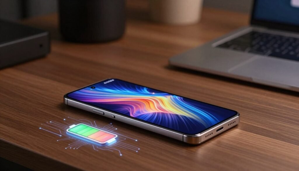 A sleek, modern smartphone, the Samsung Galaxy S25 Ultra, sits prominently on a high-tech wooden desk, showcasing its vibrant display. The screen glows with dynamic graphics, emphasizing its powerful performance. In the foreground, a futuristic battery icon glows, illustrating long-lasting battery life, while glowing circuitry patterns subtly hint at advanced technology. In the background, soft, ambient lighting creates a sophisticated atmosphere, complemented by blurred silhouettes of electronic devices, suggesting a tech-savvy environment. The angle captures the phone slightly off-center, adding a dynamic feel to the composition. The overall mood is one of innovation and excitement, highlighting the flagship's cutting-edge capabilities without distractions. A sleek, modern smartphone, the Samsung Galaxy S25 Ultra, sits prominently on a high-tech wooden desk, showcasing its vibrant display. The screen glows with dynamic graphics, emphasizing its powerful performance. In the foreground, a futuristic battery icon glows, illustrating long-lasting battery life, while glowing circuitry patterns subtly hint at advanced technology. In the background, soft, ambient lighting creates a sophisticated atmosphere, complemented by blurred silhouettes of electronic devices, suggesting a tech-savvy environment. The angle captures the phone slightly off-center, adding a dynamic feel to the composition. The overall mood is one of innovation and excitement, highlighting the flagship's cutting-edge capabilities without distractions.